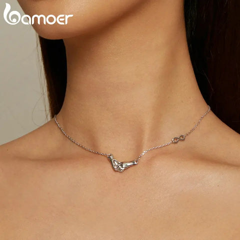 Bamoer 925 Sterling Silver Hand in Hand Pendant Necklace Platinum Plated Guard hand Neck Chain for Women Friends Gift