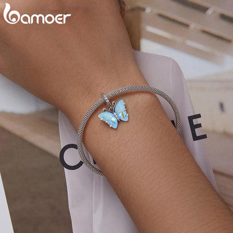 Bamoer 925 Sterling Silver Aurora Butterfly Pendant fit for Women DIY Making Bracelet & Necklace Shiny Charms Jewerly SCC2305