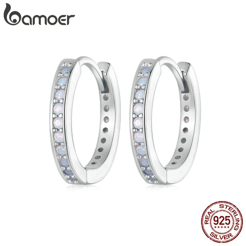 Bamoer 925 Sterling Silver Pink Opal Ear Buckles Classic Round Hoop Earrings for Women Girls Original Design Fine Jewelry
