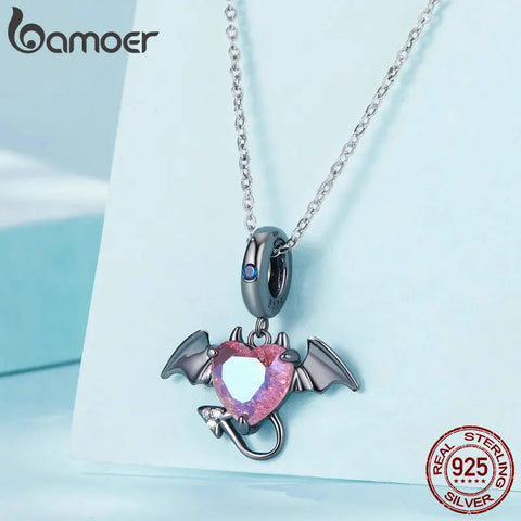 BAMOER 925 Sterling Silver Black Devil Pendant Charms Stone Heart Beads for Women DIY  Jewelry Gift Making