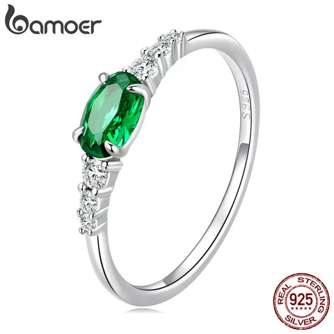 Bamoer 925 Sterling Silver Simple Gemstone Ring for Women Green Zirconium Ring Fine Jewelry Wedding Bridal Wedding Gift BSR265