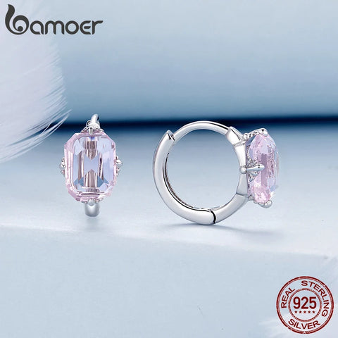 Bamoer 925 Sterling Silver Pink Square Gemstone Ear Buckles Sweet Hoop Earrings for Women Girls Original Design Fine Jewelry