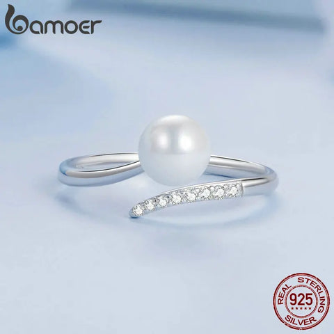 Bamoer 925 Sterling Silver Quality Shell Pearl Opening Ring Zircon Adjustable Ring Elegant Fine Jewelry for Women BSR497-E