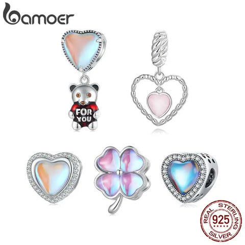 Bamoer 925 Sterling Silver Heart Balloon Bear Pendant Charms Four-leaf Clover Bead for Women Bracelet Bangle DIY Fine Jewelry