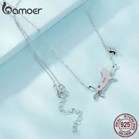 BAMOER 925 Sterling Silver Lovely Cat Pendant Necklace Flying Butterfly Neck Chain for Women Girls Daily Wearing Fine Jewelry