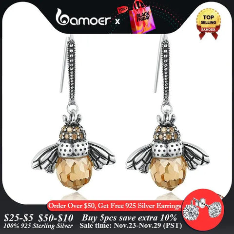 Bamoer Hot Sale 925 Sterling Silver Yellow Bee Drop Earrings for Women Lovely Insect Earrings Fine Jewelry Gift SCE149
