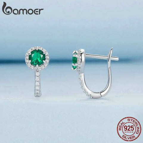 BAMOER Platinum Plated Green Cubic Zirconia 925 Sterling Silver Hoop Earrings, Elegant Solitaire Round Huggie Fashion Earrings