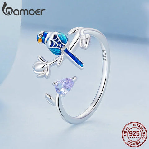 Bamoer 925 Sterling Silver Exqusite Blue Bird Ring for Women Fine Jewelry Dainty Leaf Open Ring Fashion Wedding Gift BSR288