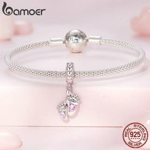 Bamoer 925 Sterling Silver Baby Footprint Pendant Charms Heart of Eternity Bead for Women Bracelet Necklace Mother's Day Gift