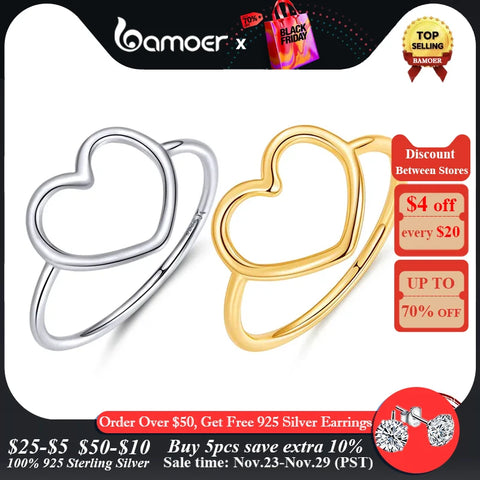 BAMOER Sterling Silver 925 Simple Minimalist Heart Finger Rings for Women Wedding Engagement Statement Jewelry SCR641