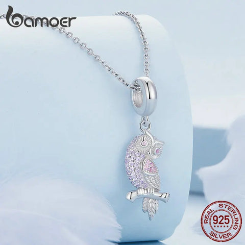 Bamoer 925 Sterling Silver Owl Pendant Charms Heart Shape Beads for Women Bracelet and Necklace DIY Pave Setting CZ Fine Jewelry