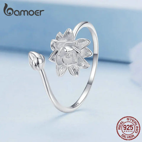 Bamoer 925 Sterling Silver Lotus Opening Ring Flower Adjustable Finger Ring for Women Silver-plated Romantic Fine Jewelry BSR371