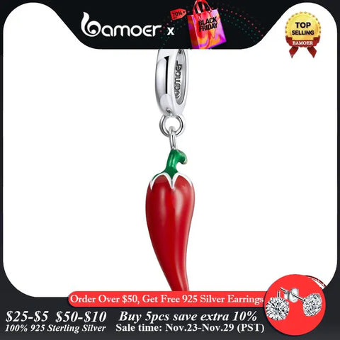 bamoer 925 Sterling Silver Petite Little Pepper Red Plant Charm Pendant for Original Bracelet Bangle Women Child Gift BSC461