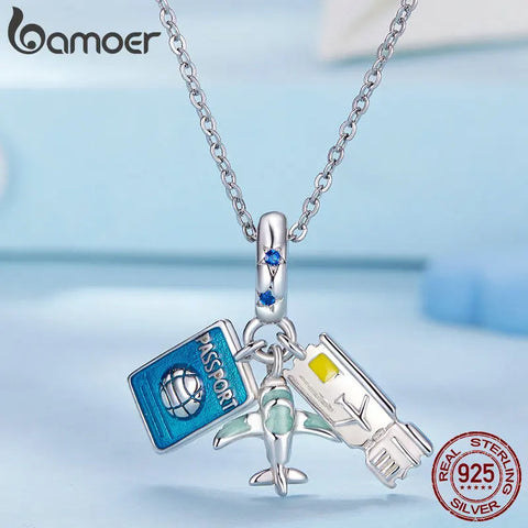 Bamoer 925 Sterling Silver Travel Series Suitcase Pendant Necklace Enamel Plane Neck Chain for Women Fine Jewelry Gift