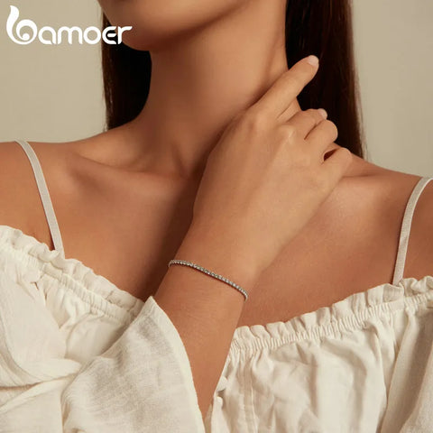 BAMOER 925 Sterling Silver Women Adjustable Tennis Bracelet - Platinum Plated Clear 3mm Cubic Zirconia Classic Tennis Bracelet