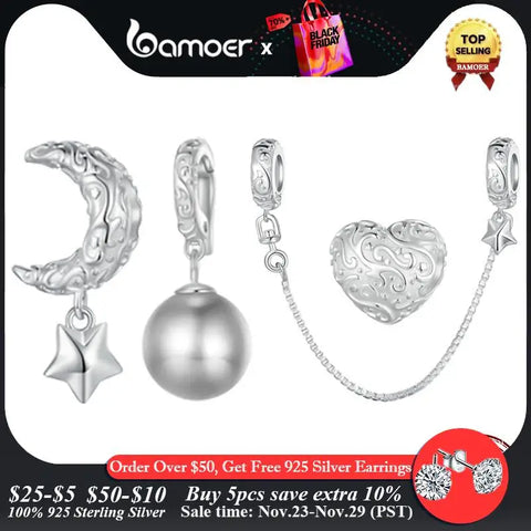 Bamoer 925 Sterling Silver Moon and Star Bead Quality Shell Pearl Pendant Charm for Women Bracelet and Necklace DIY Fine Jewelry