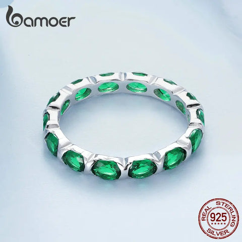 Bamoer 925 Sterling Silver Dazzling Green Spinel Finger Ring for Women Valentine's Day Gift Platinum Plated Fine Jewelry