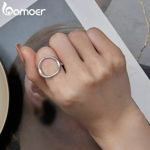 BAMOER Sterling Silver 925 Simple Minimalist Round Finger Rings for Women Wedding Engagement Statement Jewelry SCR919