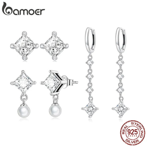 Bamoer Authentic 925 Sterling Silver Delicate Square Zircon Drop Earrings for Women Linear Earrings Fine Jewelry Party Gift