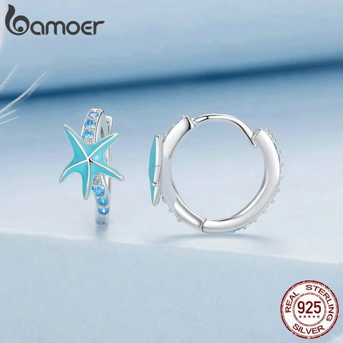 BAMOER 925 Sterling Silver Blue CZ Huggie Hoop Earrings, PlatinumPlated Starfish Earrings for Women Teen Girl Jewelry Gift