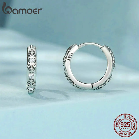 BAMOER 925 Sterling Silver Floral Pattern Filigree Hoop Earrings Hypoallergenic for Women and Teen Girls