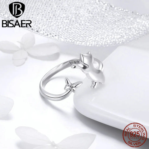 BISAER Real 925 Sterling Silver Cute Cat Aanimal Jewelry Set Pet Ring Necklace Earrings for Women Party Original Fine Jewelry
