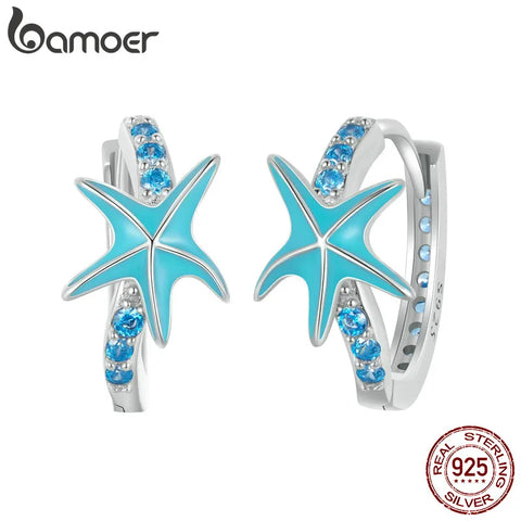 BAMOER 925 Sterling Silver Blue CZ Huggie Hoop Earrings, PlatinumPlated Starfish Earrings for Women Teen Girl Jewelry Gift