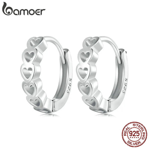 Bamoer 925 Sterling Silver Hollow Heart Ear Buckles Classic Round Hoop Earrings for Women Girls Original Design Fine Jewelry