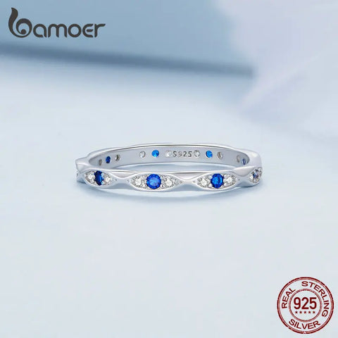 Bamoer 925 Sterling Silver Blue Zircon Demon Eye Ring Lucky Devil Eye Band for Women Simple Fashion Jewelry Gift