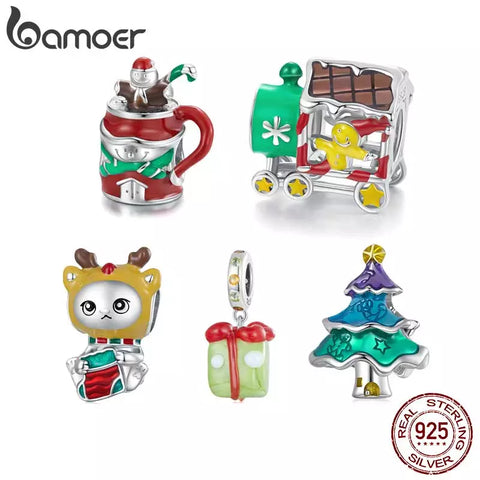 Bamoer 925 Sterling Silver Christmas Collection Snowman Bead Christmas Tree Gift Pendant Charms for Women Christmas Gift Jewelry