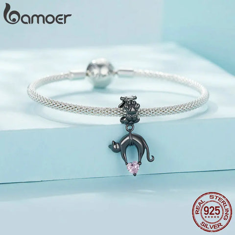 Bamoer 925 Sterling Silver Black Cat Pendant Charms Pink Heart Plated Black Gold Bead for Women Bracelet & Necklace Fine Jewelry