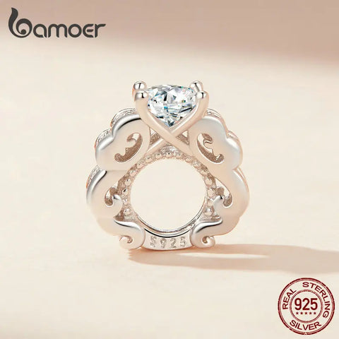 Bamoer 925 Sterling Silver Wedding Ring Septal Bead Heart Charms for Women Bracelet DIY Pave Setting CZ Fine Jewelry