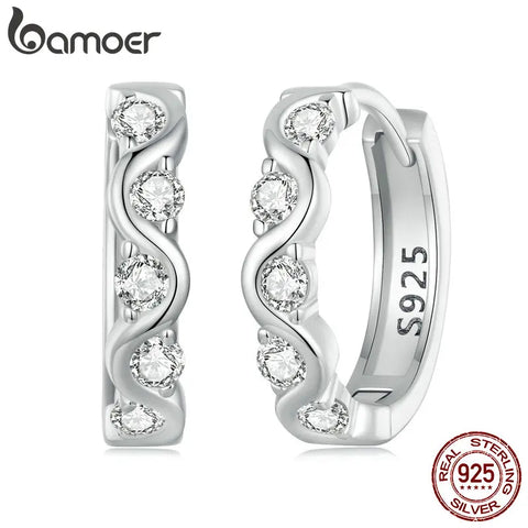 BAMOER 925 Sterling Silver Fashion Wave Ear Buckles Cubic Zirconia Hoop Earrings for Women Birthday Gift Fine Jewelry
