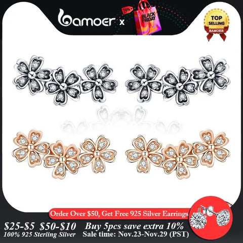 BAMOER 925 Sterling Silver Daisy Flower Clear CZ Stud Earrings for Women Sterling Silver Jewelry Valentine's Day Gift SCE419