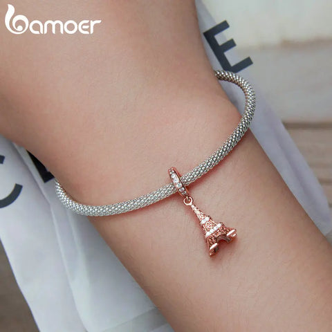 Bamoer 925 Sterling Silver Eiffel Tower Pendant fit DIY Bracelet & Bangle Fine Jewelry Ladybug Bead Rose Gold Charms Collection