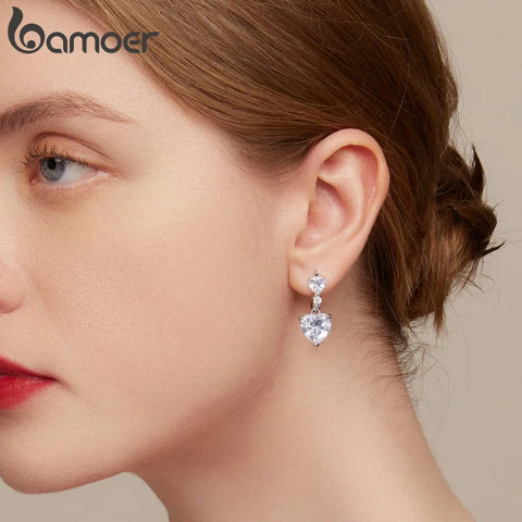 Bamoer 925 Sterling Silver Exquisite Heart-Shaped Zircon Ear Buckles Cubic Zirconia Hoop Earrings for Women Luxury Fine Jewelry
