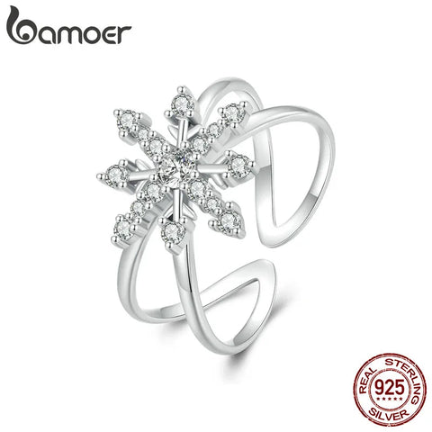Bamoer 925 Sterling Silver Fantasy Snowflake Opening Ring Geometric Adjustable Ring for Women Party Fine Jewelry
