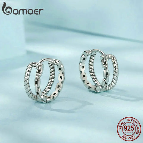 BAMOER 925 Sterling Silver Small Hoop Earrings 14K White Gold Plated Double Layer Curb Chain Huggie Earrings Hypoallergenic