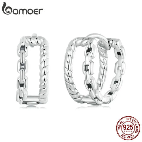 BAMOER 925 Sterling Silver Small Hoop Earrings 14K White Gold Plated Double Layer Curb Chain Huggie Earrings Hypoallergenic