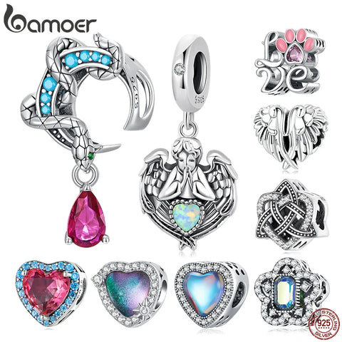 Bamoer 925 Sterling Silver Snake Pendant Charm Shiny Heart Beads fit Women Original Bracelet & Bangle DIY Fine Jewelry