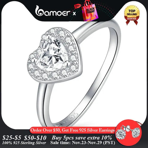 bamoer 925 Sterling Silver Bright Love Ring Dazzling Shiny Heart Shape Crystal Finger Ring Wedding Engagement Jewelry