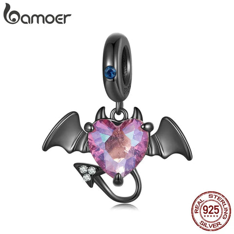 BAMOER 925 Sterling Silver Black Devil Pendant Charms Stone Heart Beads for Women DIY  Jewelry Gift Making