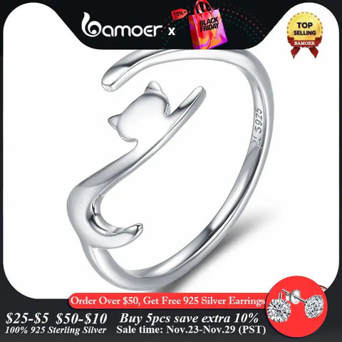BAMOER 100% 925 Sterling Silver Sticky Cat with Long Tail Finger Ring Women Ring Adjustable Engagement Ring Jewelry SCR220