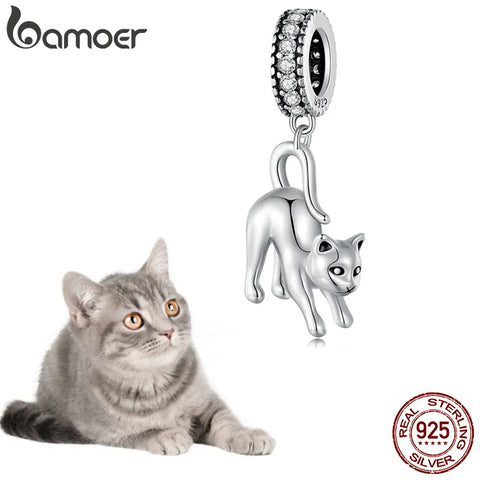 Bamoer 925 Sterling Silver Vivid Cat Pendant Charms Cute Animal Charms for Women Girls Bracelet & Bangle DIY Fine Jewelry