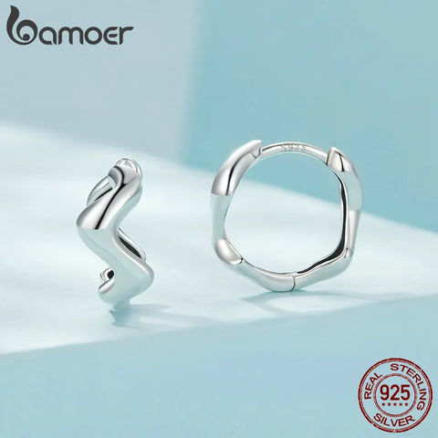 Bamoer 925 Sterling Silver Twisted Line Ear Buckles Geometric Wave Hoop Earrings for Women Girls Original Design Fine Jewelry