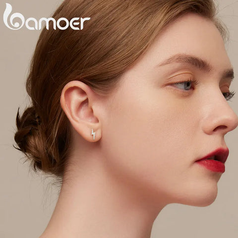 Bamoer 925 Sterling Silver Lightning Stud Earrings for Women Fashion Earrrings Jewerly Wedding Gift Sparkling Ear Studs VSE160