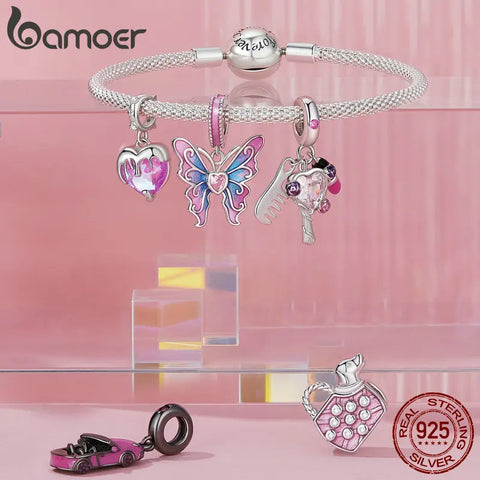 Bamoer 925 Sterling Silver Pink Lady Series Butterfly Hanging Bead Melting Heart Pendant Charm for Women Bracelet & Necklace DIY