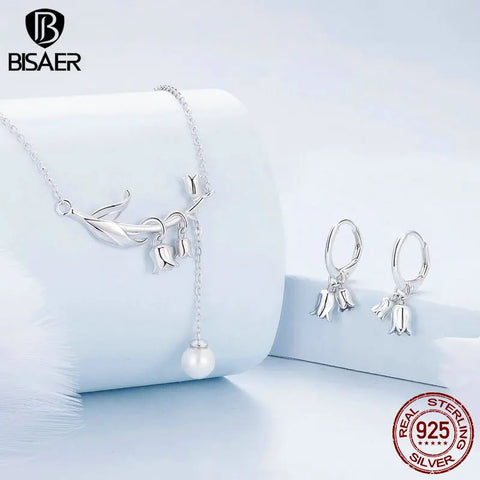 BISAER 925 Sterling Silver Lily of the Valley Jewelry Set Earrings Necklace Plated Platinum For Women Party Fine Jewelry