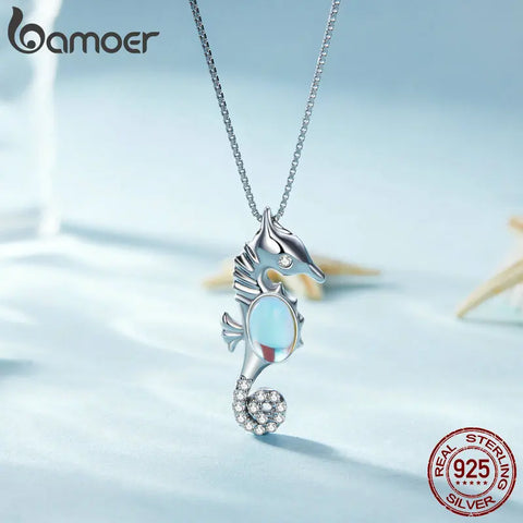 Bamoer 925 Sterling Silver Platinum Plated Monestone Seahorse Pendant Necklace Pave Setting CZ for Women Valentine's Day Gift