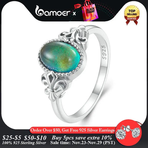 BAMOER Solid 925 Sterling Silver Emotion Ring Oval Stone Color Change Mood Ring Fine Jewelry Gift BSR454